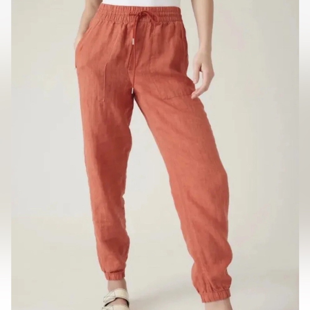 Athleta Women’s Retreat 100% Linen Jogger Pants Persimmon Coral size 10 Petite